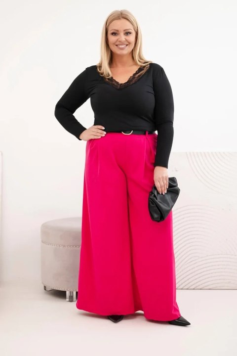 Spodnie damskie Plus Size z szeroką nogawką i paskiem fuksja