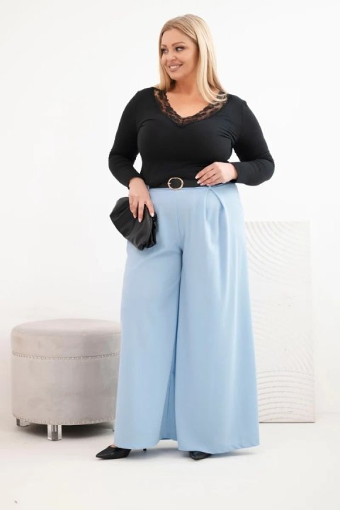 Spodnie damskie Plus Size z szeroką nogawką i paskiem niebieskie