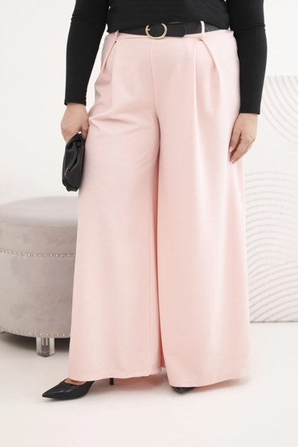 Spodnie damskie Plus Size z szeroką nogawką i paskiem pudrowy róż