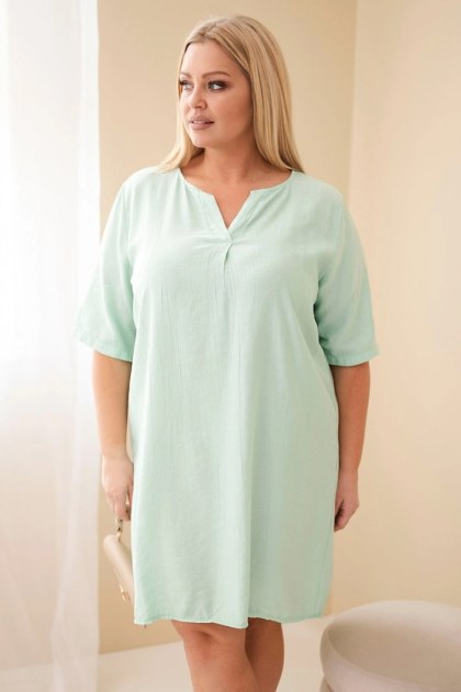 Sukienka damska wiskozowa Plus Size z krótkim rękawem i dekoltem V ciemno miętowa