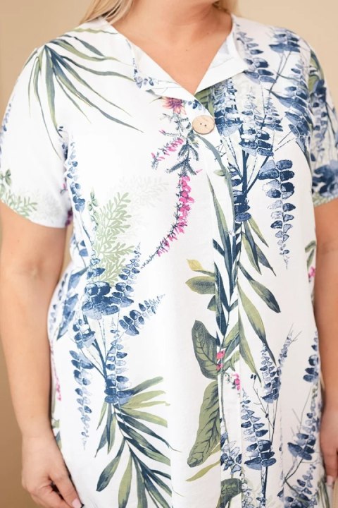 Sukienka damska wiskozowa Plus Size z krótkim rękawem i dekoltem na guziki biała