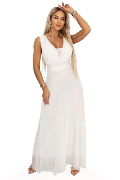 637-8 Długa sukienka maxi z brokatowym akcentem i głębokim dekoltem - ecru