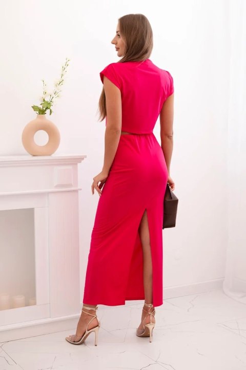 Komplet damski z bluzką z ozdobną klamrą i dopasowaną spódnicą fuksja