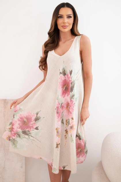 Sukienka damska bawełniana oversize z dekoltem V i kwiatowym nadrukiem beżowa