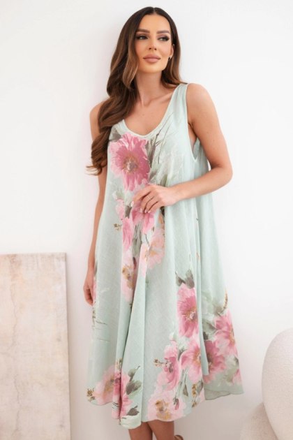 Sukienka damska bawełniana oversize z dekoltem V i kwiatowym nadrukiem ciemno miętowa