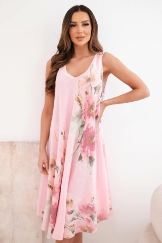 Sukienka damska bawełniana oversize z dekoltem V i kwiatowym nadrukiem jasno różowa