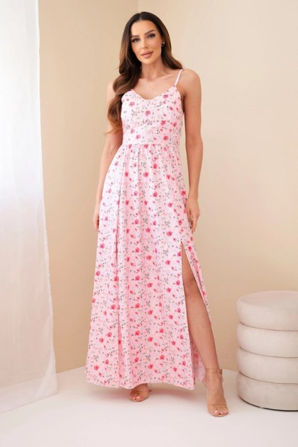 Sukienka damska maxi w kwiaty na ramiączkach z wiązaniem na plecach cukierkowy róż