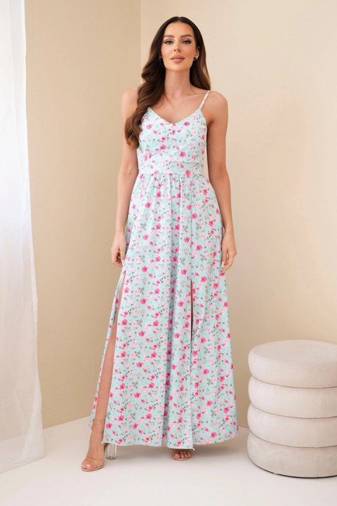 Miętowa sukienka maxi w kwiaty na ramiączkach z efektownym wiązaniem na plecach