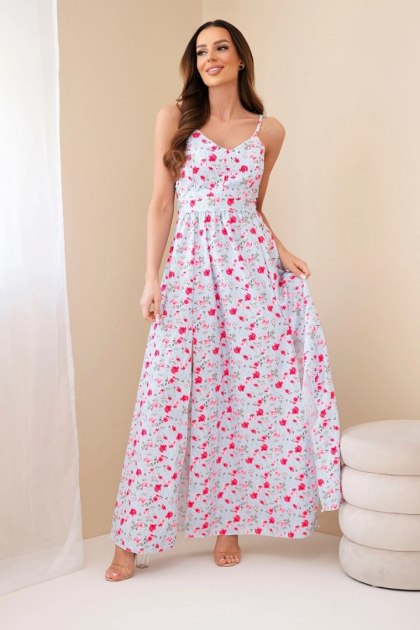 Sukienka damska maxi w kwiaty na ramiączkach z wiązaniem na plecach niebieska