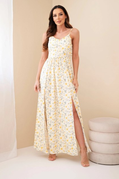 Sukienka damska maxi w kwiaty na ramiączkach z wiązaniem na plecach żółta
