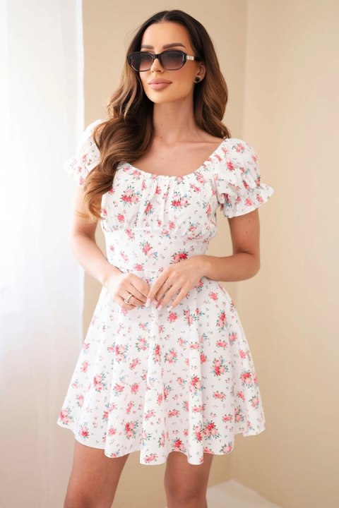 Biała sukienka damska w kwiaty z bufiastym rękawem