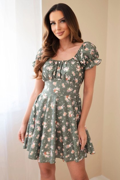 Sukienka damska w kwiaty z bufiastym rękawem i elastyczną talią khaki