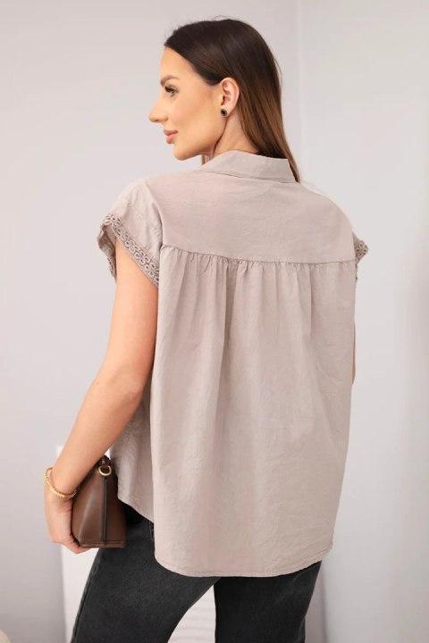 Bluzka damska bawełniana koszulowa z koronką i krótkim rękawem fango