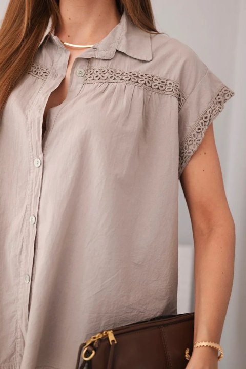 Bluzka damska bawełniana koszulowa z koronką i krótkim rękawem fango