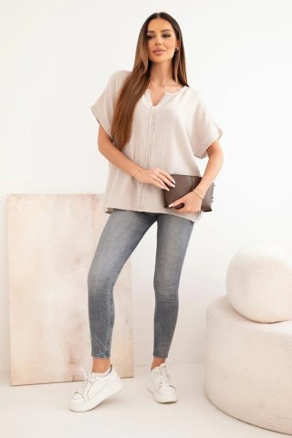 Bluzka damska bawełniana muślinowa oversize z dekoltem V i koronką beżowa