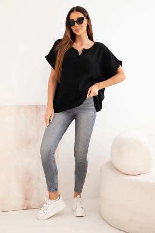 Bluzka damska bawełniana muślinowa oversize z dekoltem V i koronką czarna