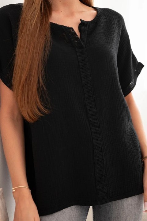 Bluzka damska bawełniana muślinowa oversize z dekoltem V i koronką czarna