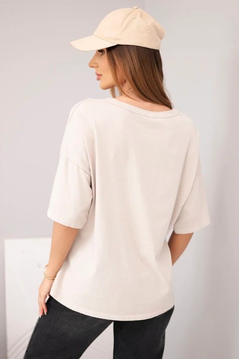 Bluzka damska bawełniana oversize z krótkim rękawem i nadrukiem beżowa