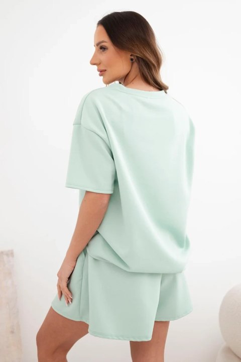 Komplet damski wiskozowy masełko z krótkim rękawem i spodenki z wysokim stanem ciemno miętowy