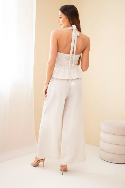 Komplet damski wiskozowy top wiązany i spodnie szeroka nogawka beżowy