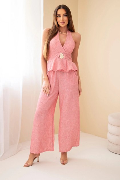 Komplet damski wiskozowy top wiązany i spodnie szeroka nogawka ciemny pudrowy róż