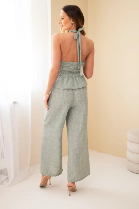 Komplet damski wiskozowy top wiązany i spodnie szeroka nogawka khaki