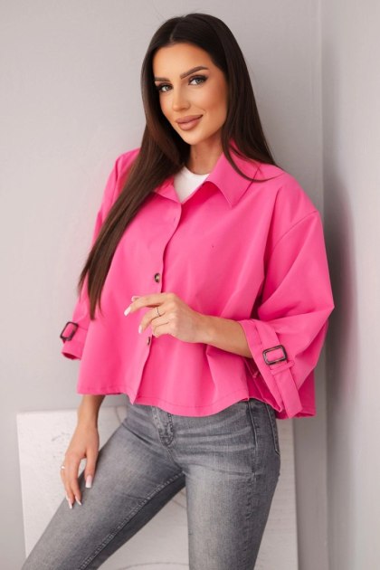 Kurtka damska wiosenna bawełniana zapinana na guziki z kołnierzem różowa