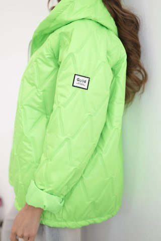 Kurtka damska wiosenna pikowana z kapturem i zamkiem zielony neon