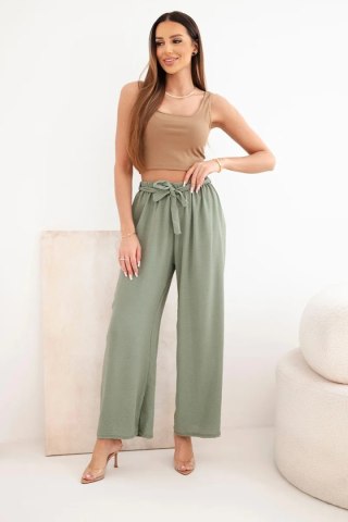Spodnie z szeroką i wiązaniem w pasie jasne khaki