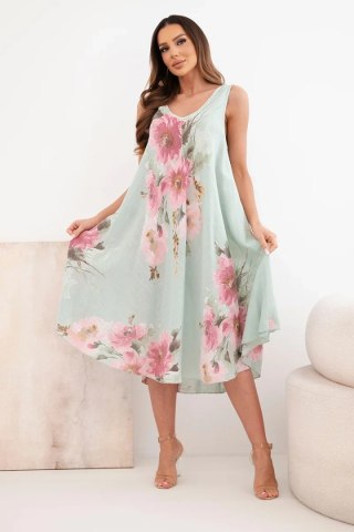 Sukienka damska bawełniana oversize z dekoltem V i kwiatowym nadrukiem ciemno miętowa