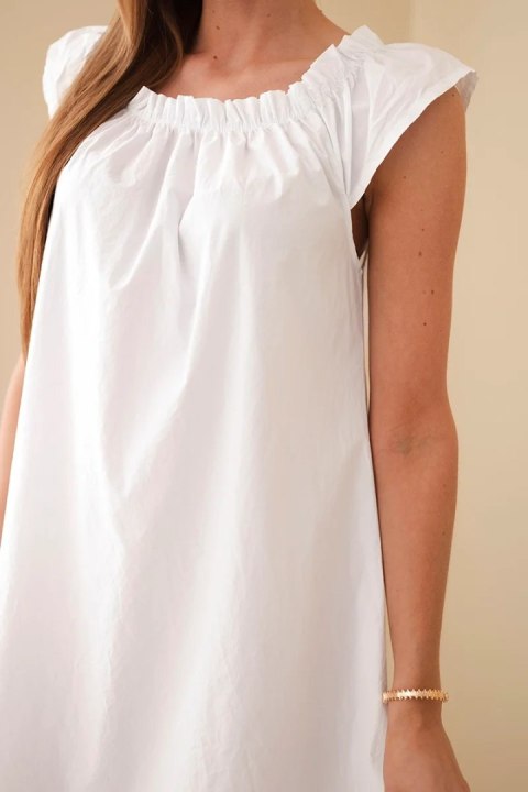 Sukienka damska bawełniana z marszczonym dekoltem i falbanką biała