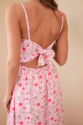 Sukienka damska maxi w kwiaty na ramiączkach z wiązaniem na plecach cukierkowy róż