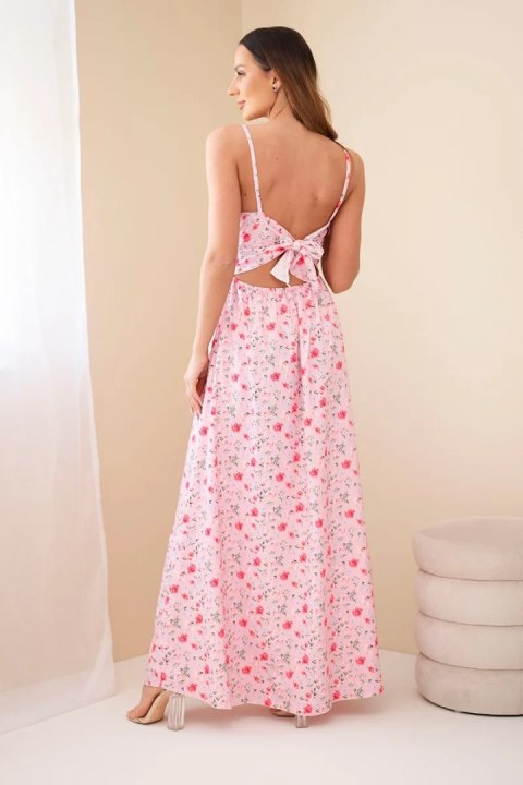 Sukienka damska maxi w kwiaty na ramiączkach z wiązaniem na plecach cukierkowy róż