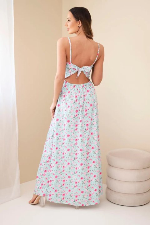 Sukienka damska maxi w kwiaty na ramiączkach z wiązaniem na plecach miętowa