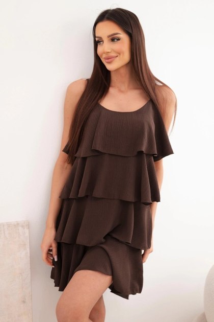 Sukienka damska na ramiączkach z falbanami mini brązowa