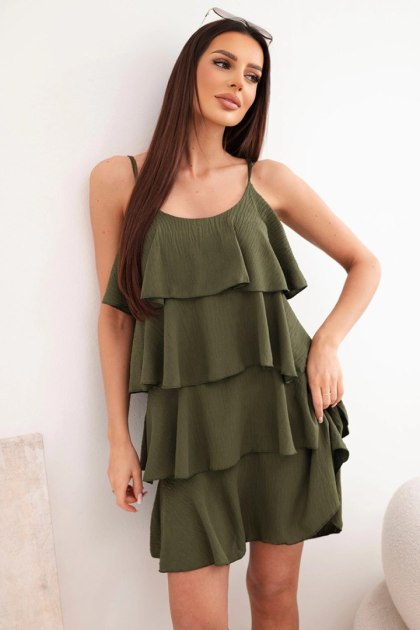 Sukienka damska na ramiączkach z falbanami mini khaki