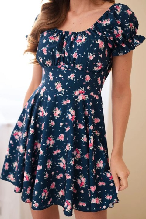 Sukienka damska w kwiaty z bufiastym rękawem i elastyczną talią granatowa