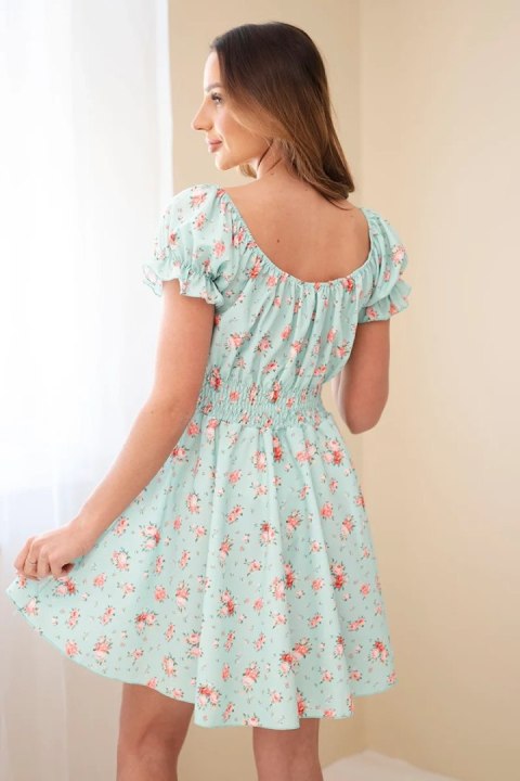 Sukienka damska w kwiaty z bufiastym rękawem i elastyczną talią miętowa