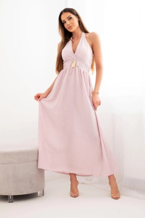 Sukienka damska wiskozowa maxi wiązana na szyi z ozdobną klamrą ciemny pudrowy róż