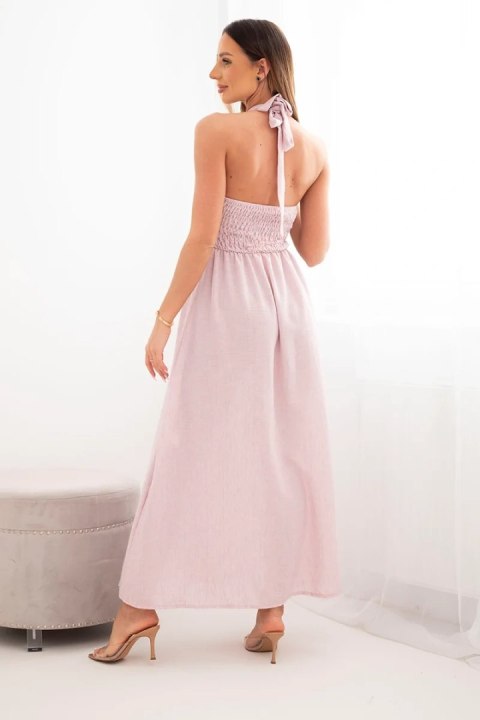 Sukienka damska wiskozowa maxi wiązana na szyi z ozdobną klamrą ciemny pudrowy róż