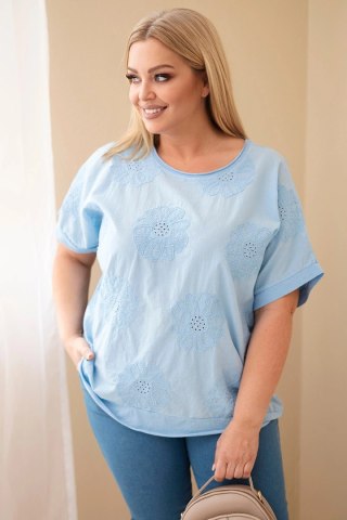 Bluzka damska bawełniana Plus Size z haftowanymi kwiatami niebieska