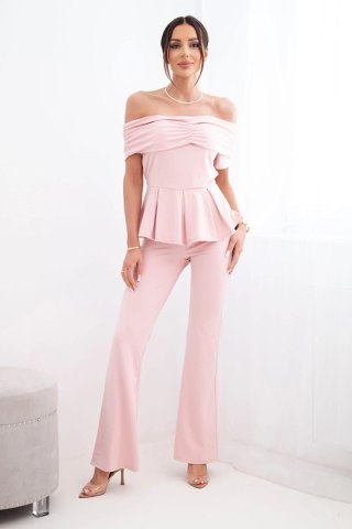 Komplet damska hiszpanka z falbaną i szerokimi spodniami pudrowy róż