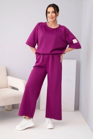 Komplet damski masełkowy z wiskozy bluza i szerokie spodnie śliwkowy