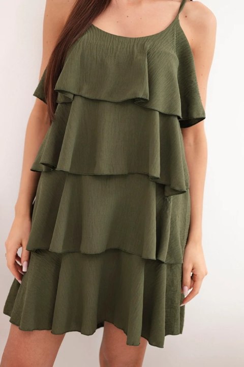 Sukienka damska na ramiączkach z falbanami mini khaki
