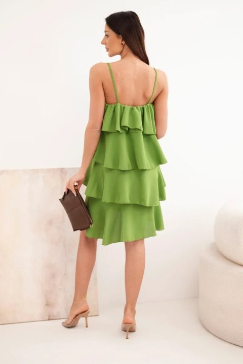 Sukienka damska na ramiączkach z falbanami mini oliwkowa