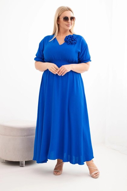 Sukienka damska wiskozowa Plus Size z dekoltem V i marszczoną talią chabrowa