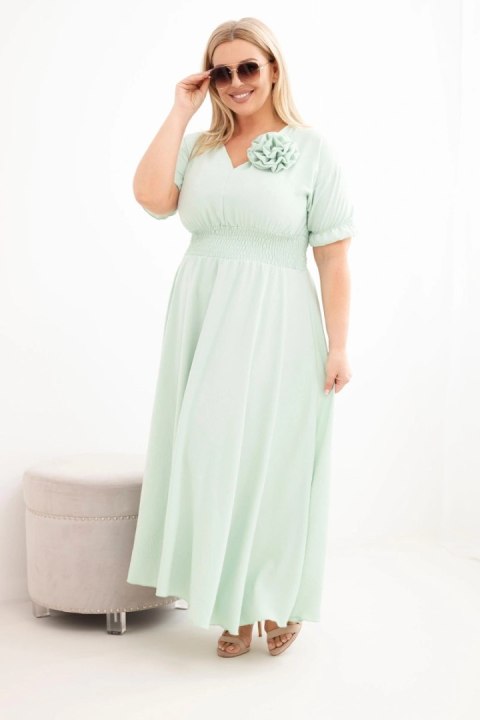 Miętowa sukienka wiskozowa Plus Size z dekoltem V i marszczoną talią