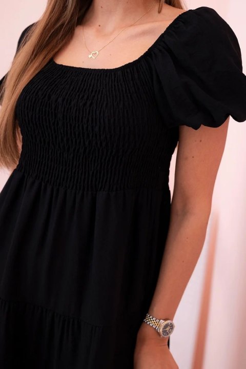 Sukienka damska wiskozowa z bufiastym rękawem i marszczoną górą czarna