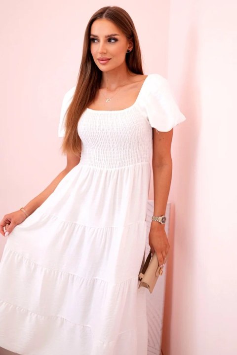 Sukienka damska wiskozowa z bufiastym rękawem i marszczoną górą ecru