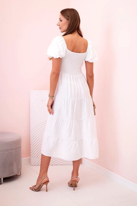 Sukienka damska wiskozowa z bufiastym rękawem i marszczoną górą ecru